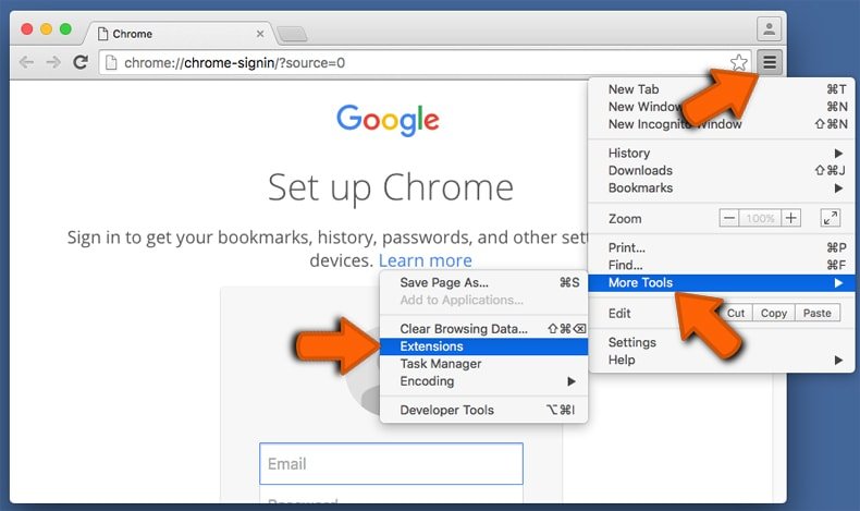 removendo as extensões fraudulentas do Google Chrome passo 1