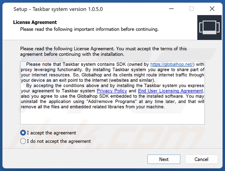 Configuração da instalação da API Taskbar system