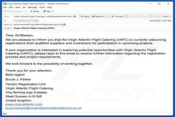 Virgin Atlantic Flight Catering (VAFC) Email Fraude