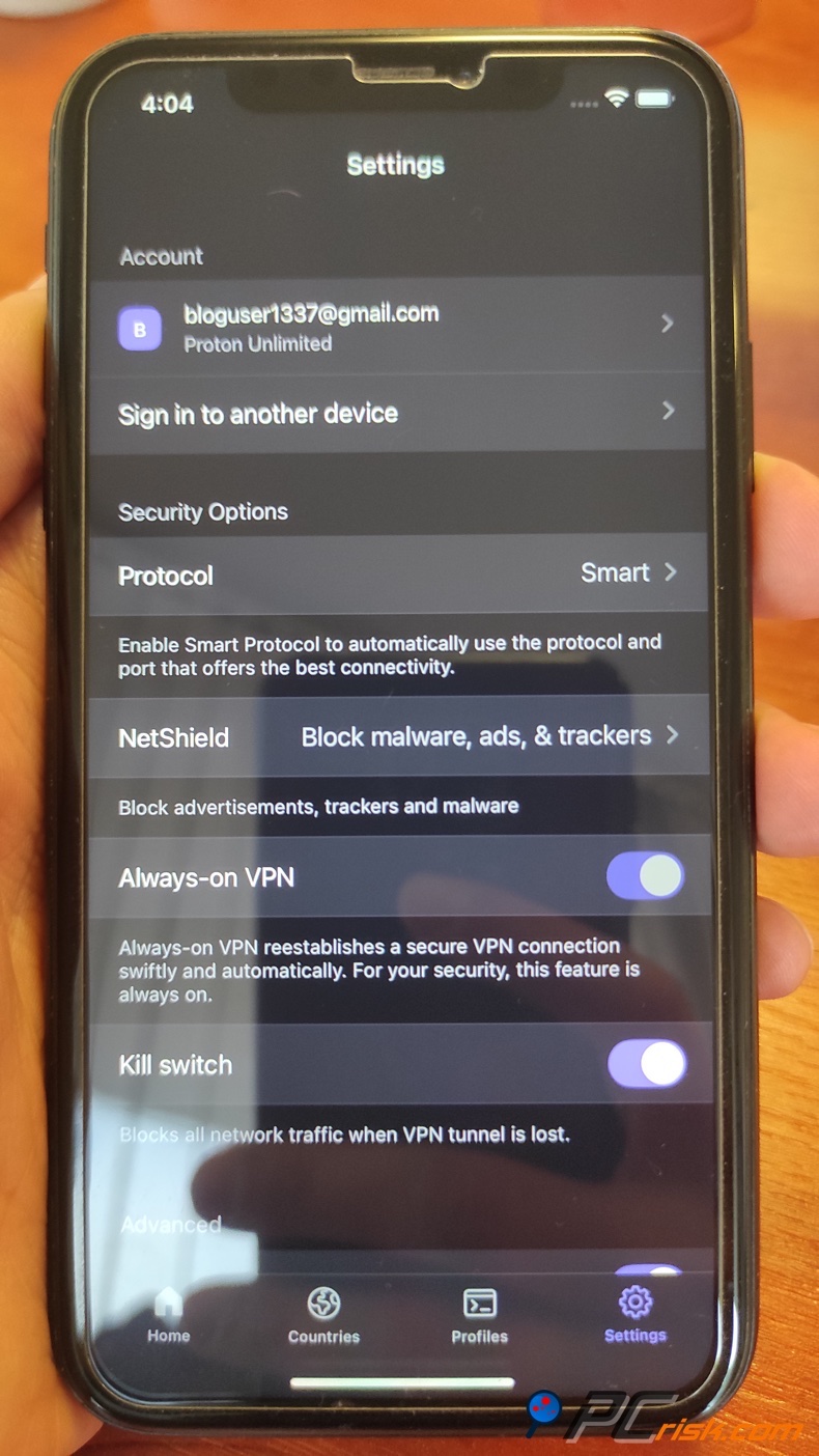 Proton VPN para o menu de configurações do iOS