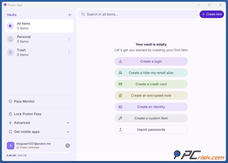 Proton Pass painel de controlo