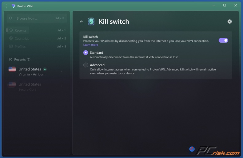 Proton VPN Interruptor de emergência