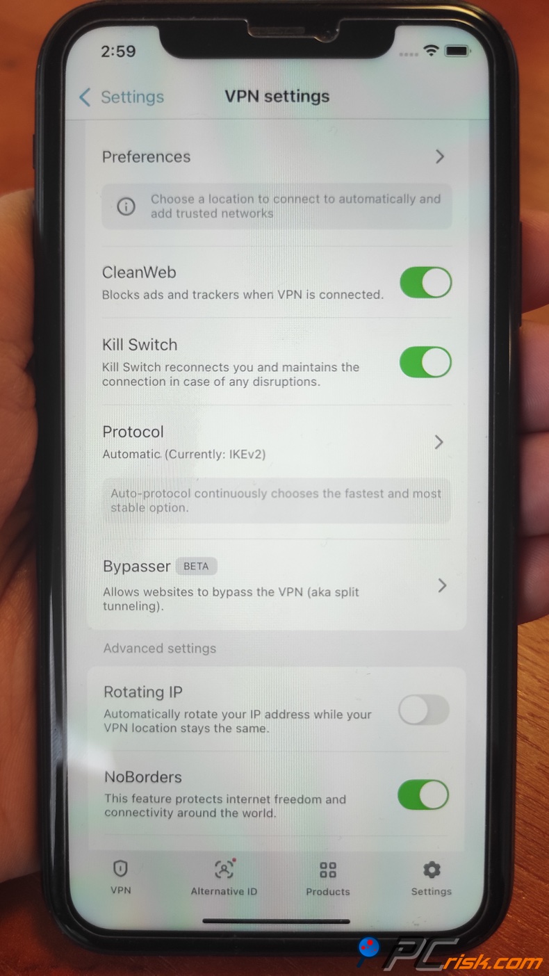 Surfshark para o menu de configurações do iOS