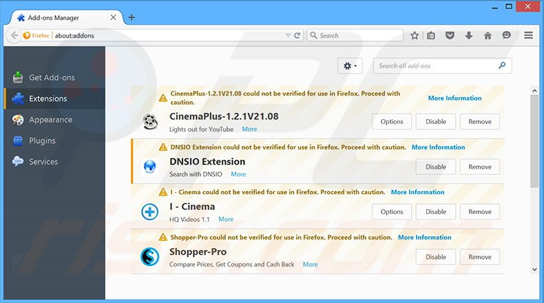 Removendo as extensões relacionadas a dnsioweb.net do Mozilla Firefox