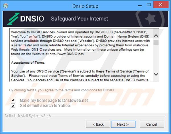 Configuração da instalação do sequestrador de navegador oficial DNSIO