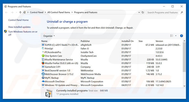 desinstalar o adware Always Weather via Painel de Controlo