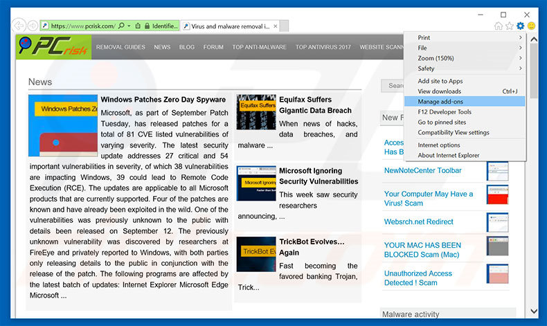 Remoção do anúncio Warning! Anúncios Malware Detected! do passo Internet Explorer 1