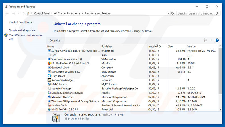 Warning! Malware Detected! desinstalação do adware através do Painel de Controlo