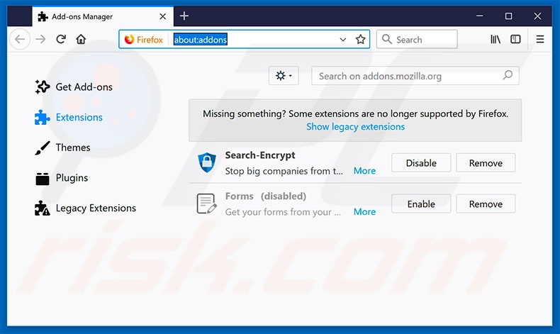 Removendo as extensões fraudulentas do Mozilla Firefox passo 2