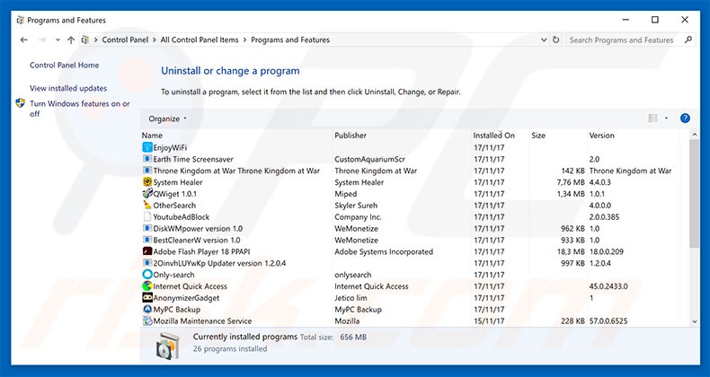 desinstalar o adware System Support Alert através do Painel de Controlo