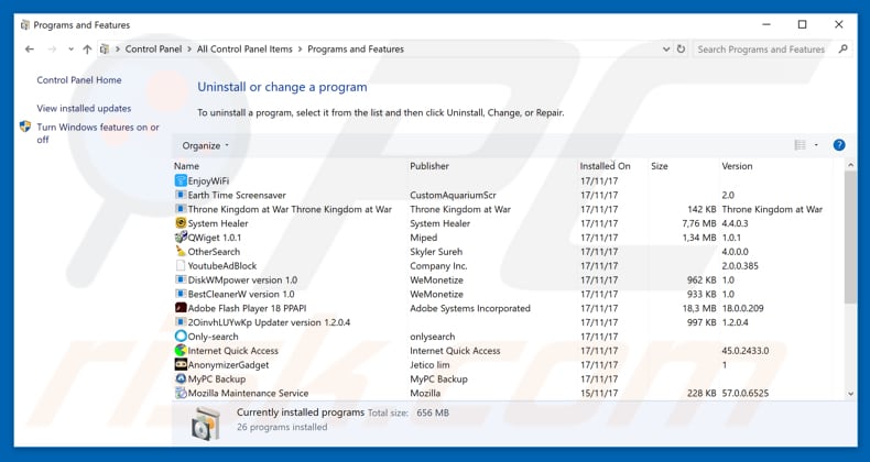 desinstalar o sequestrador de navegador pavadinimas via Painel de Controlo