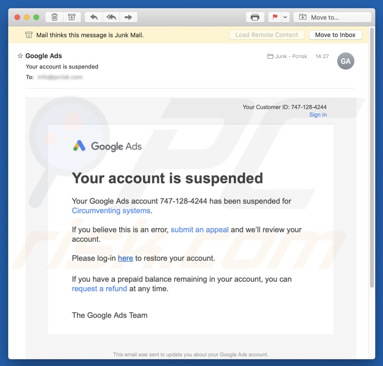 Google Ads - Your account is suspended campanha de spam