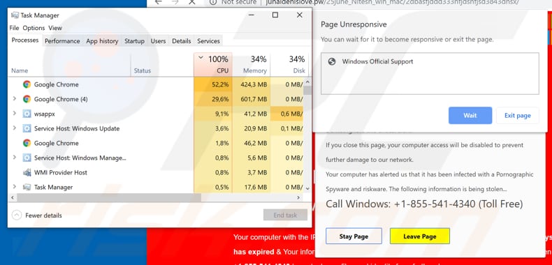 página fraudulenta tenta travar o computador com 100 de uso de CPU