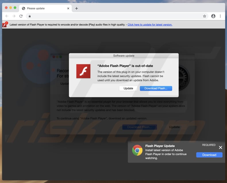 página fraudulenta que promove o instalador falso do adobe flash player