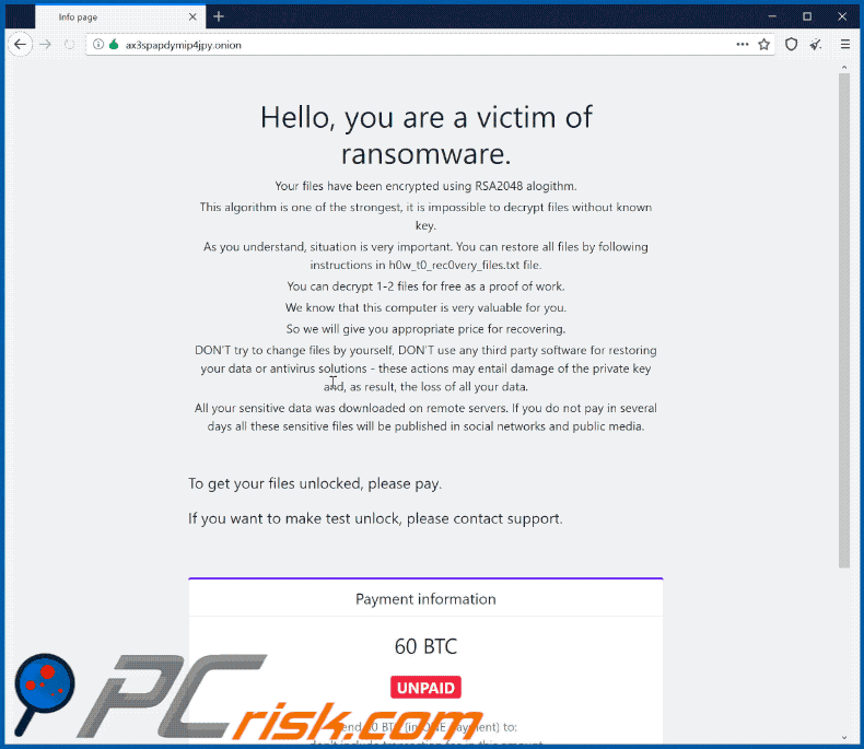 aparência do site tor do ransomware PwndLocker