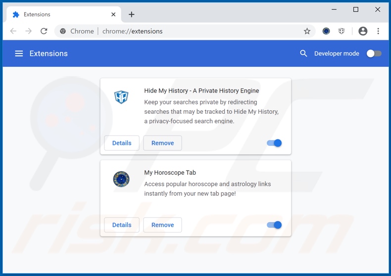 Remoção das extensões do Google Chrome relacionadas com hmyhoroscopetab.com