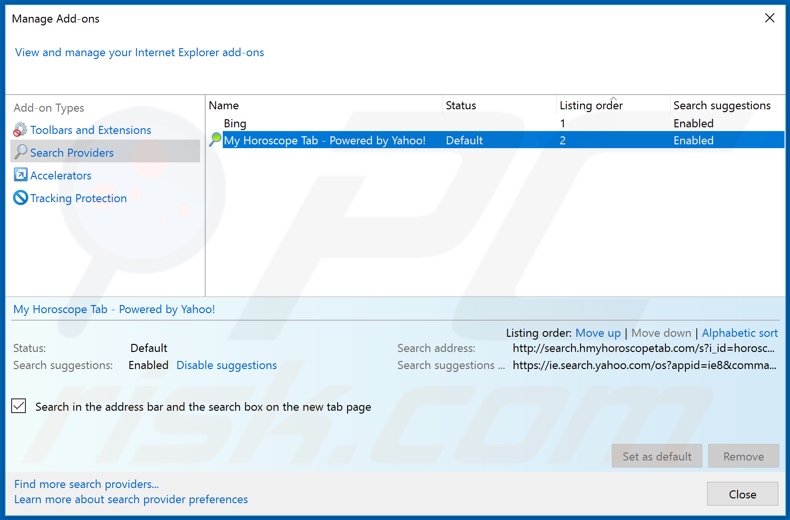 Remoção do hmyhoroscopetab.com do motor de busca predefinido do Internet Explorer