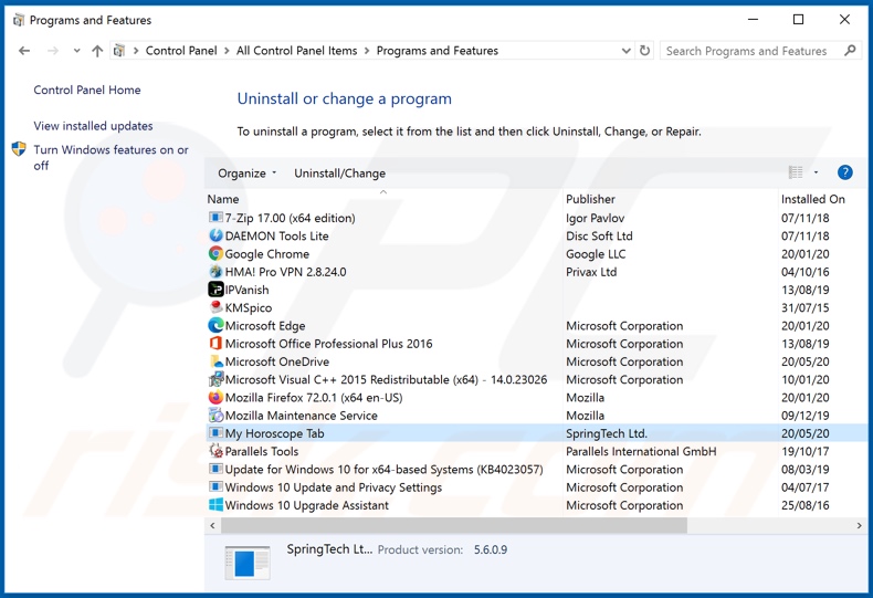 hmyhoroscopetab.com desinstalação do sequestrador de navegador através do Painel de Controlo