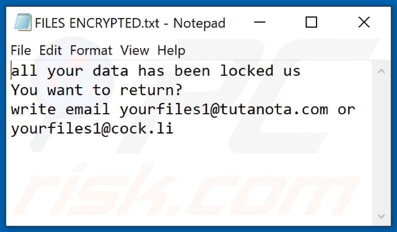 Ficheiro de texto do ransomware FLYU (FILES ENCRYPTED.txt)