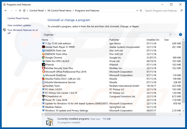 Desinstalação de adware Movie Finder via painel de controlo