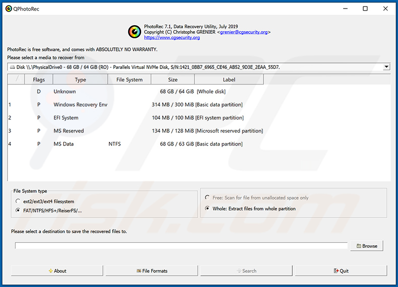 Ferramenta de restauro PhotoRec para o ransomware Stop/Djvu