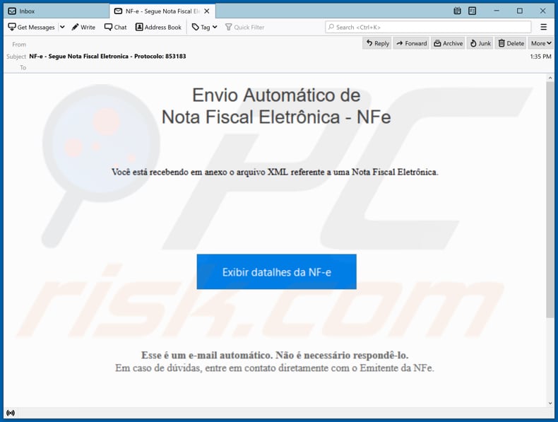 Correio eletrónico malicioso que distribui o malware Javali