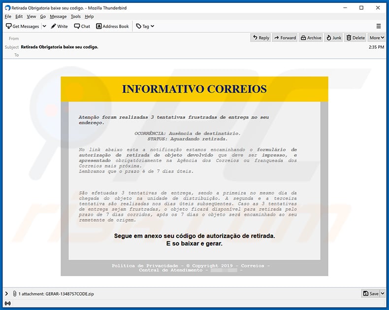 Correio eletrónico de spam que espalha o trojan Javali (Ousaban)