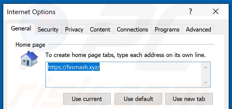 Remoção do fxsmash.xyz da página inicial do Internet Explorer