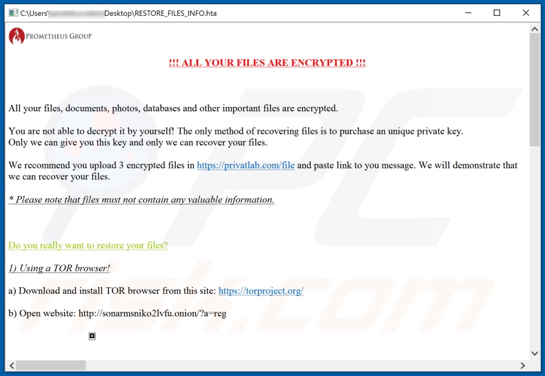 PROM ransomware nota de resgate (RESTORE_FILES_INFO.hta)