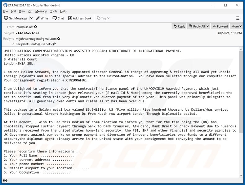 UNITED NATIONS COMPENSATION (COVID19 ASSISTED PROGRAM) campanha de spam por correio eletrónico