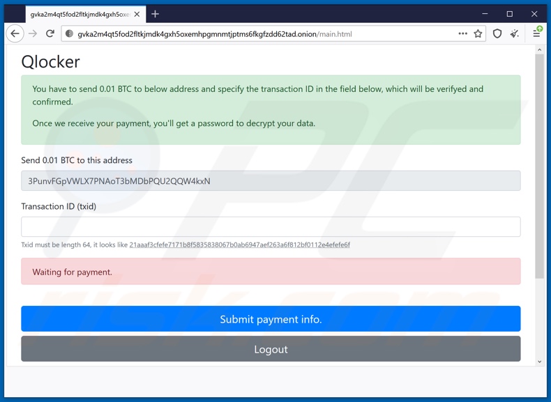 Segunda página do site do ransomware Qlocker (exibido após a entrada da Chave do Cliente)