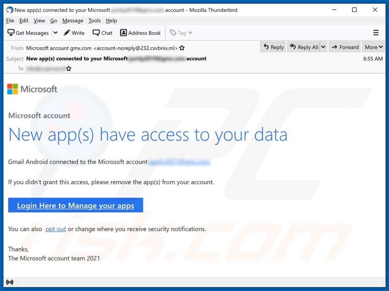 New app(s) have access to your Microsoft Account campanha de spam por correio eletrónico