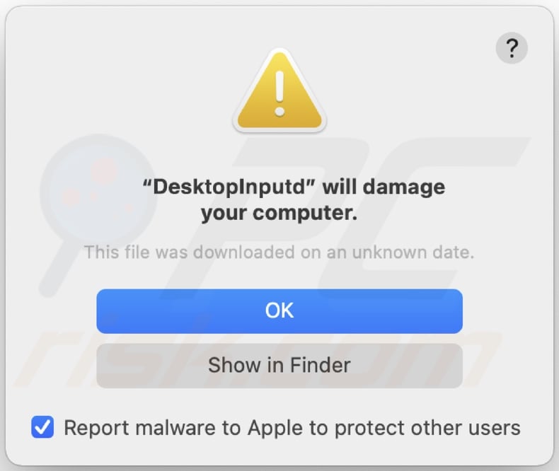 Pop-up exibido quando o adware DesktopInput é detectado no sistema