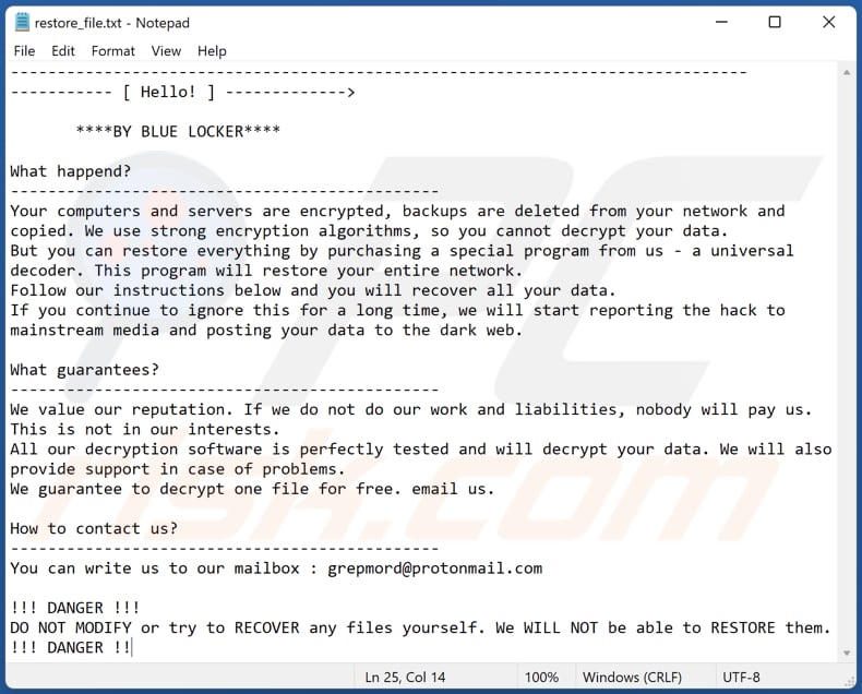 BLUE LOCKER ransomware ficheiro de texto (restore_file.txt)