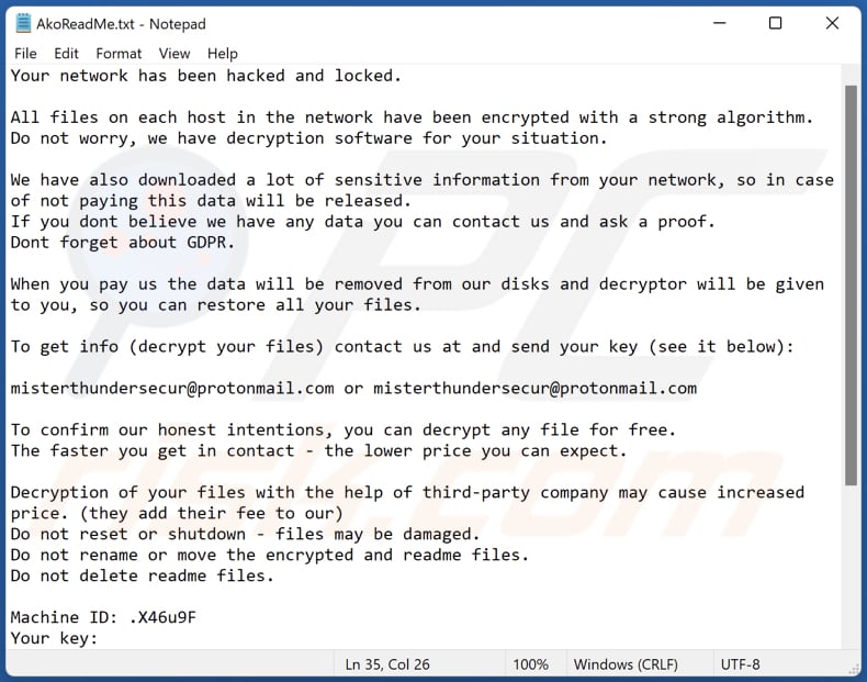 ako ransomware nota de resgate akoreadme txt ficheiro