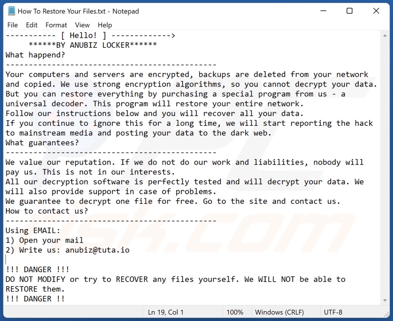 ANUBIZ LOCKER ransomware mensagem de pedido de resgate (How To Restore Your Files.txt)