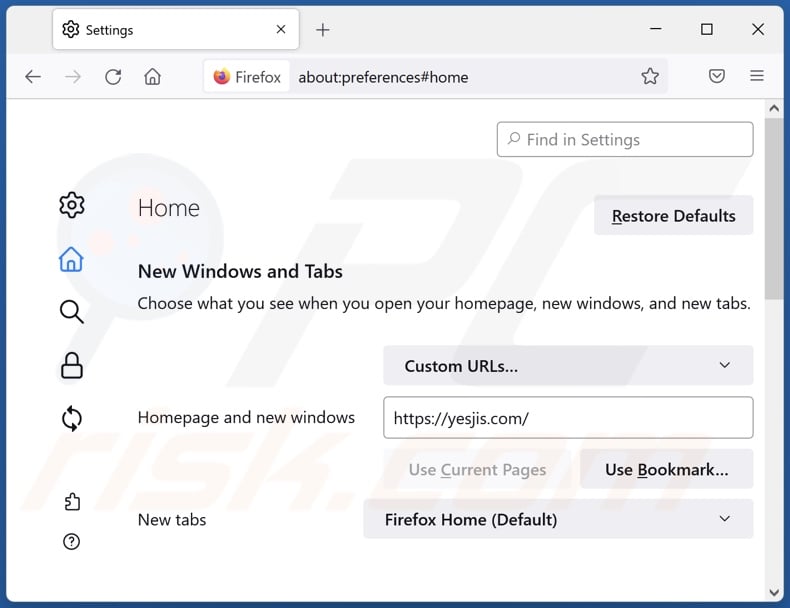 Remoção do yesjis.com da página inicial do Mozilla Firefox