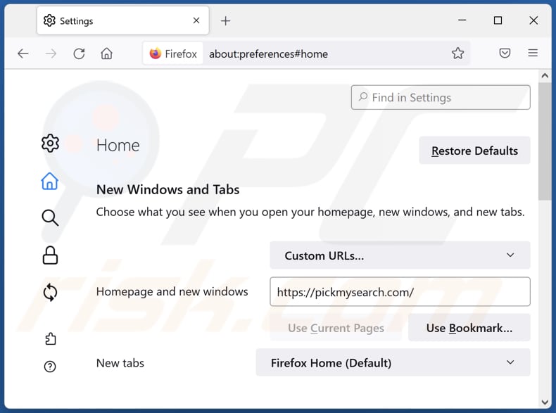 Remoção de pickmysearch.com da página inicial do Mozilla Firefox