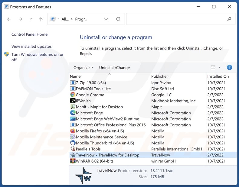 desinstalar o adware TravelNow via Painel de Controlo