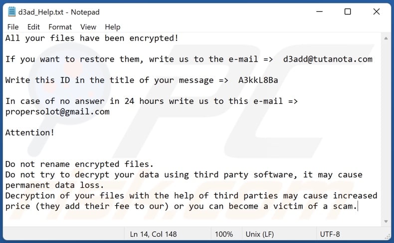 D3adCrypt ransomware mensagem de pedido de resgate (d3ad_Help.txt)