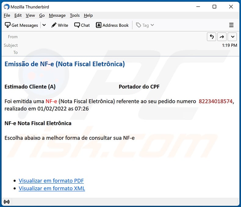 Correio eletrónico de spam utilizado para espalhar o trojan bancário Javali (2022-04-13)