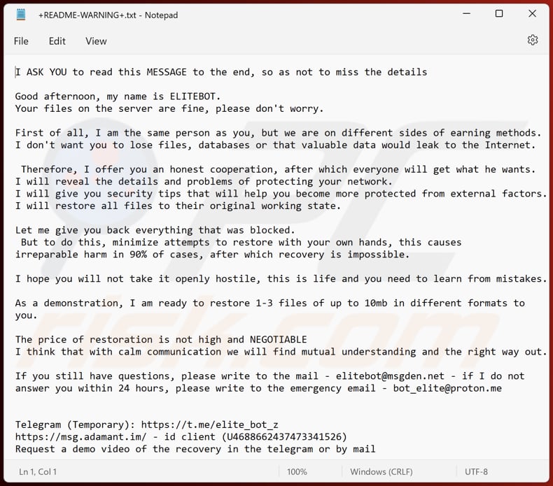 ELITEBOT ransomware ficheiro de texto (+README-WARNING+.txt)