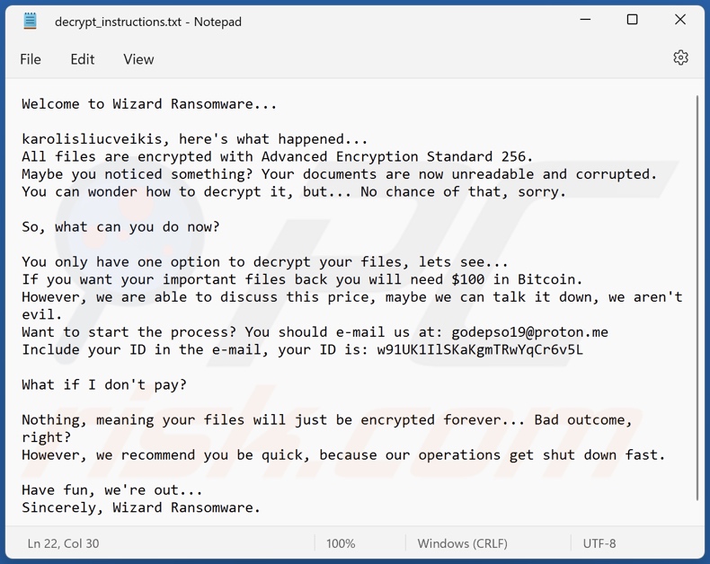 Nota de resgate do ransomware Wizard (decrypt_instructions.txt)