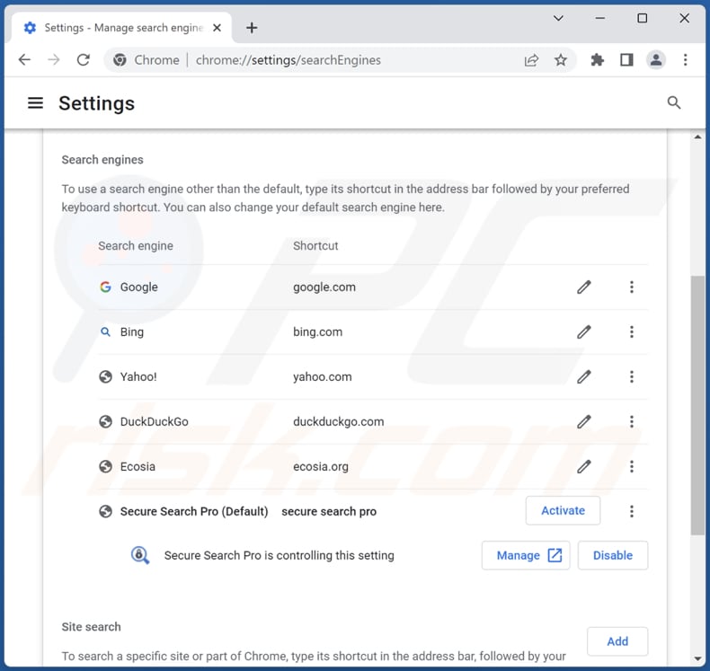 Remoção do securesearch.pro do motor de busca predefinido do Google Chrome