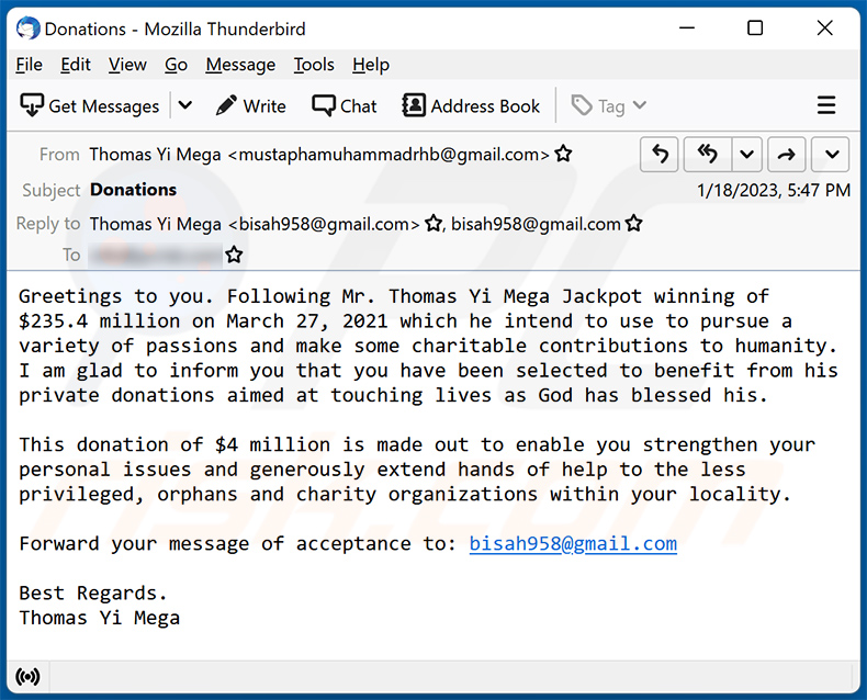 E-mail de spam com tema de donativos (2023-01-19)