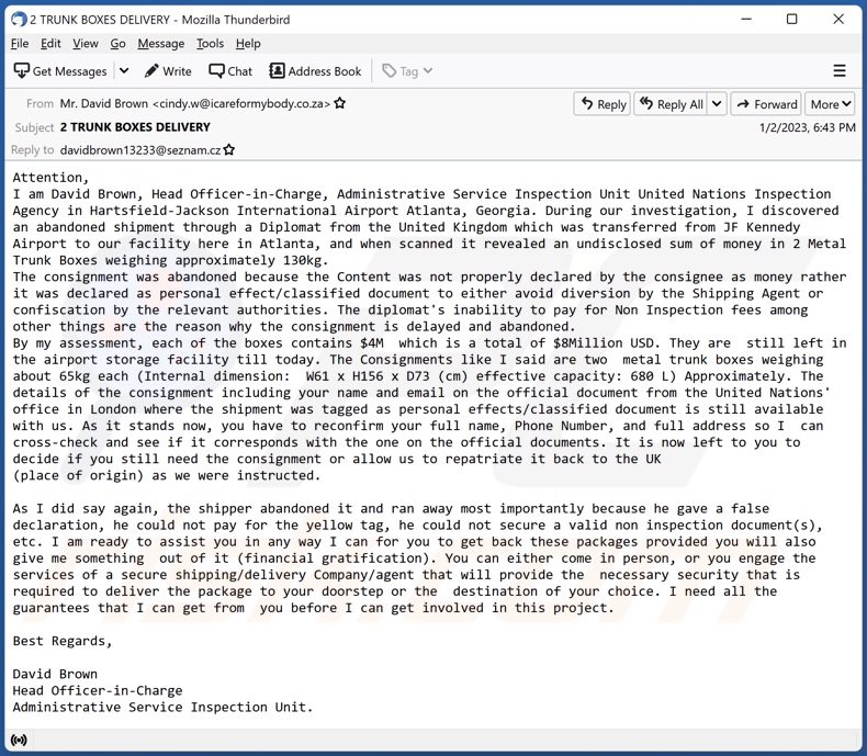United Nations - Abandoned Shipment campanha de spam por correio eletrónico