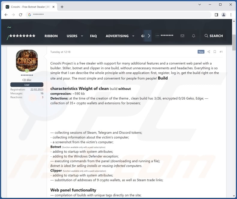 O malware ladrão Cinoshi promovido online