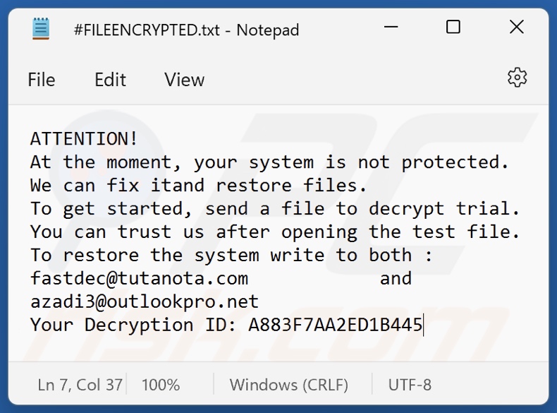 FAST ransomware nota de resgate (#FILEENCRYPTED.txt)