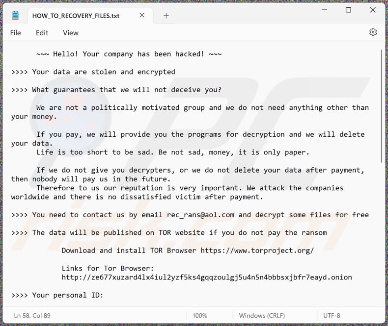 Rec_rans ransomware ficheiro de texto (HOW_TO_RECOVERY_FILES.txt)