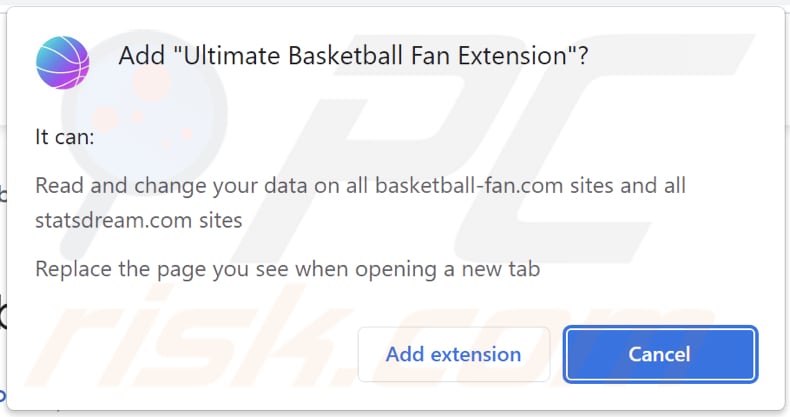 Sequestrador de navegador Ultimate Basketball Fan Extension pedindo permissões